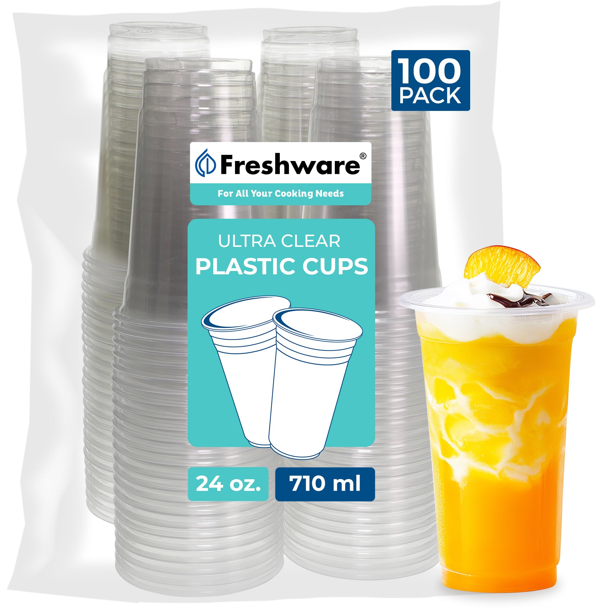 Photo 1 of Freshware Clear Plastic Cups [100 Pack - 24 oz] Disposable Cups for Iced Coffee, Smoothie, Milkshake, Cold Drinks
