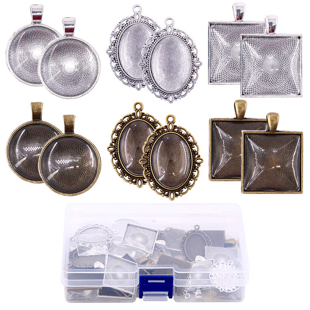Glarks 72-Pieces Round & Oval & Square Pendant Trays with Glass Cabochon Dome Tiles Clear Cameo for Crafting DIY Jewelry Making