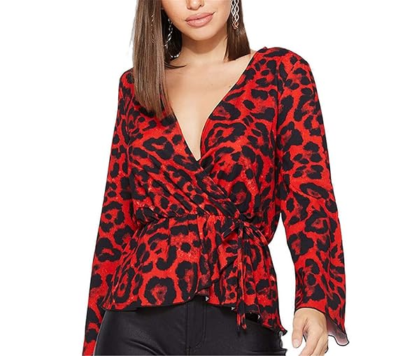 Red leopard print long leves wrap v neck t shuirt