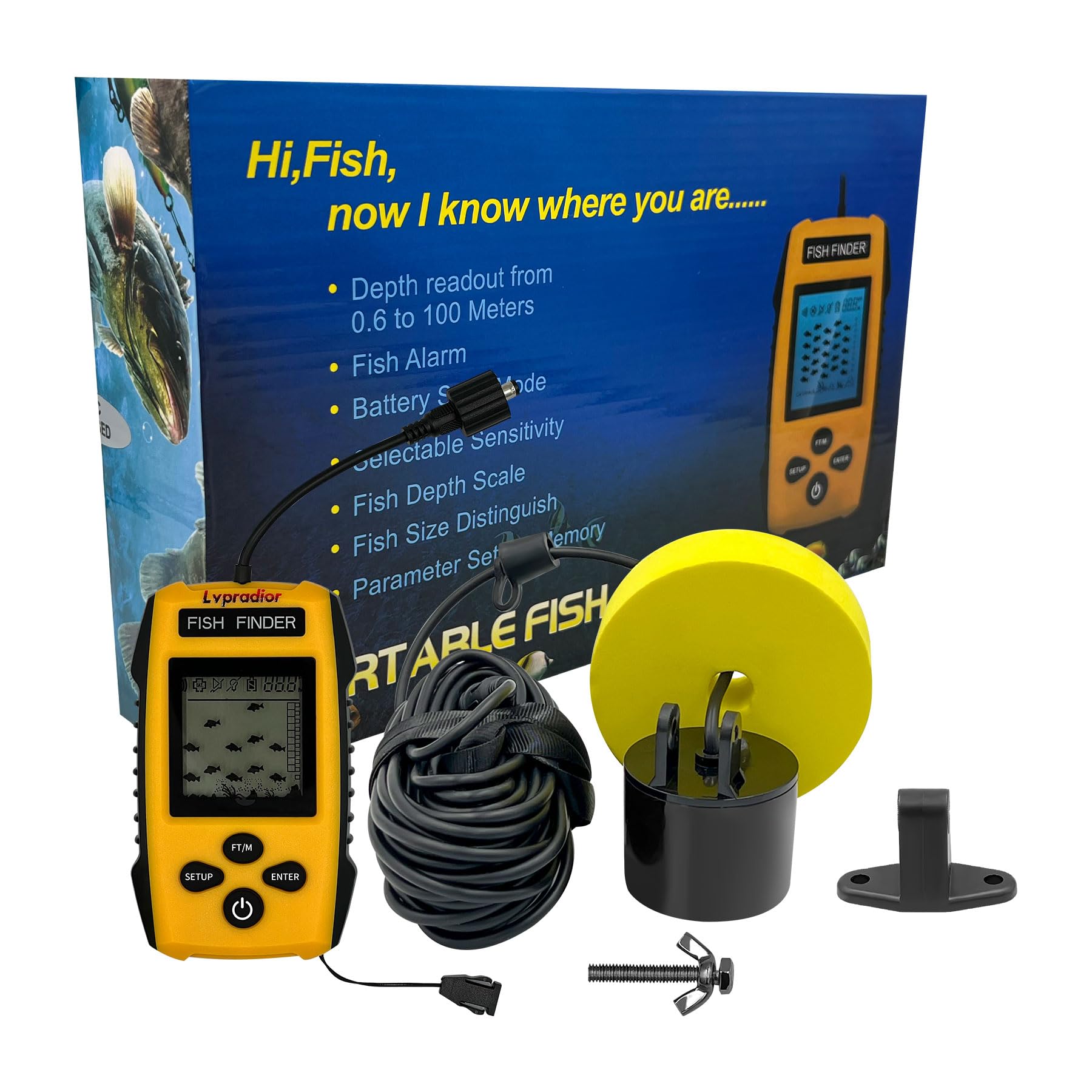 Lvpradior Portable Fish Depth Finder with Sonar Transducer, Wired Castable Kayak/Boat/Ice Fishing Gear, Handheld Water Depth Finder with LCD Display for Freshwater & Saltwater Fishing