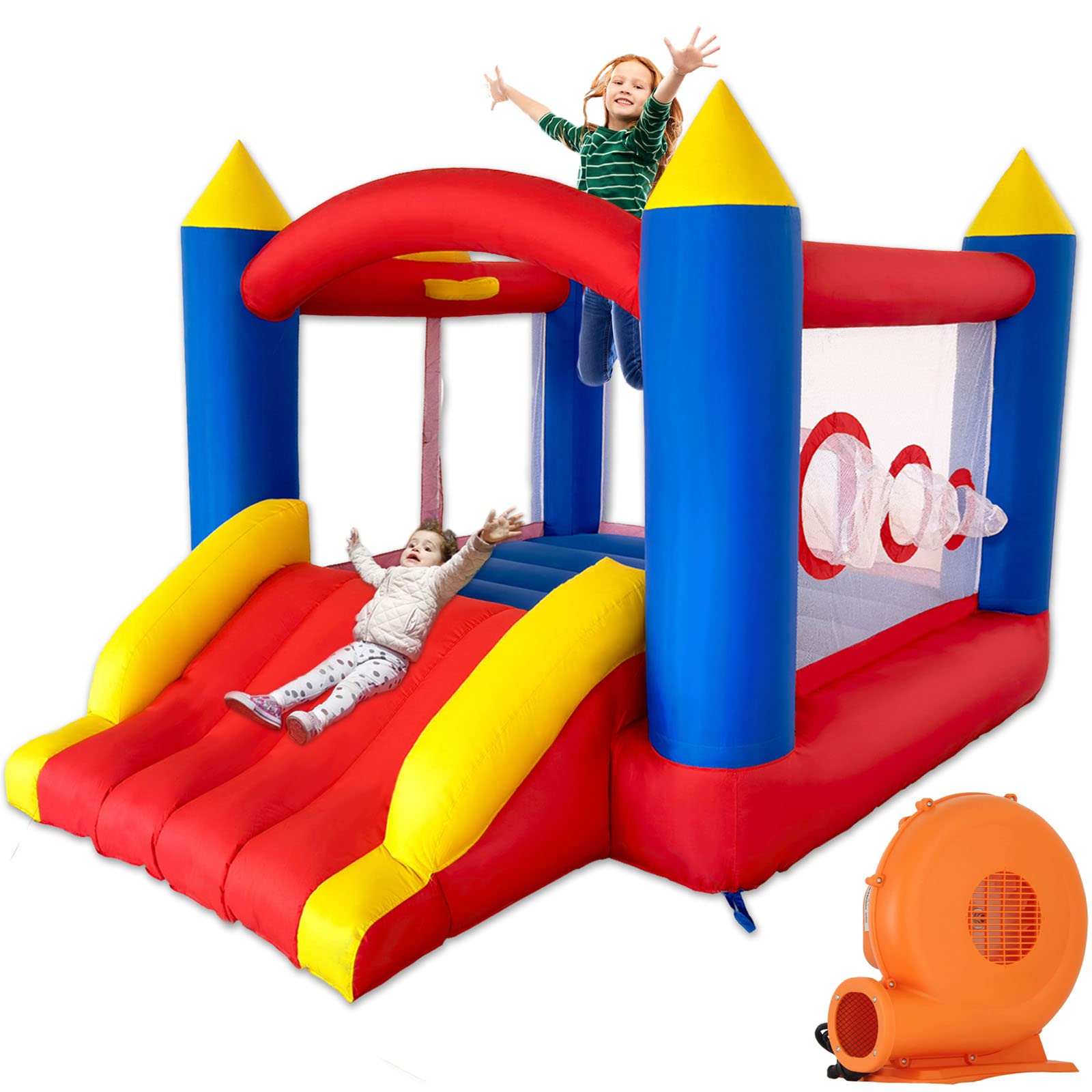 Ballsea Bouncy Castle for Children, Inflatable Bounce House with Slide, Trampoline, Basketball Hoop, Inflatable Bouncer with Air Blower for Indoor Outdoor