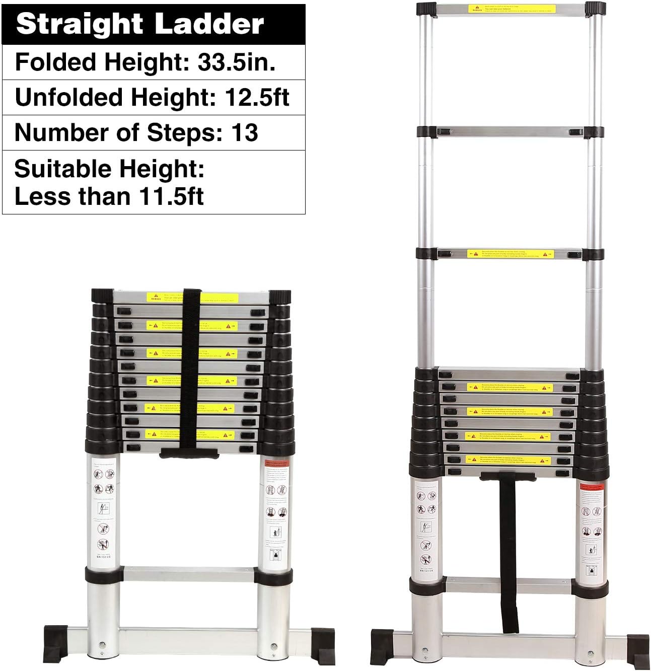 REDCAMP Aluminum Telescoping Ladder 12.5ft with Stabilizer Bar, Folding Telescopic Extension Ladder for RV Home Outdoor Use, Hold 350lbs Capacity - - 