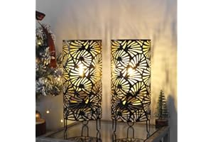 JHY DESIGN Set of 2 Metal Lamp Battery Powered 9''High Accent Cordless Lamp with LED Bulb Huge Fan Patterned Battery Lamp for Weddings Parties Patio Garden Indoors Outdoors Table Bed Room
