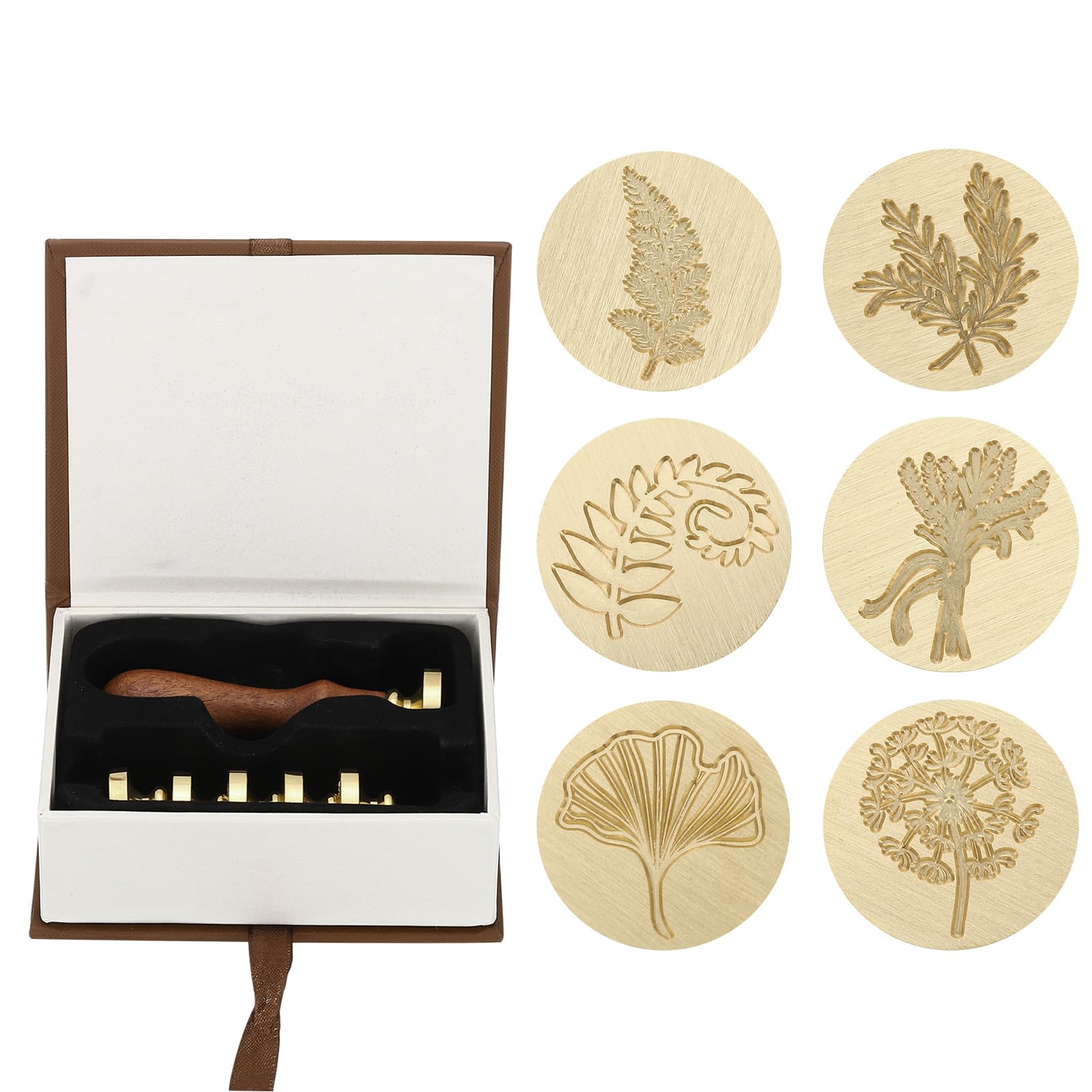 PATIKIL Plant Wax Seal Stamp Kit, Flower Wax Stamp with Wooden Handle, Gift Box Leaves Branch Brass Head Vintage Decoration, Style 1