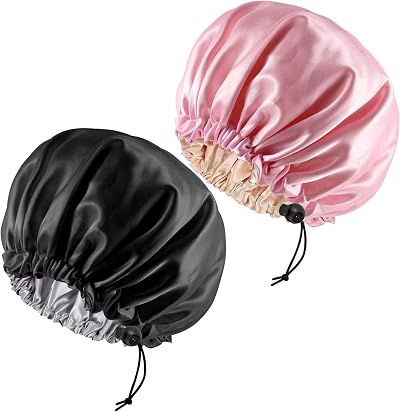 Yafe Adjustable Bonnet 36cm 2-Pack Satin Sleep Cap Black Pink Hair Care