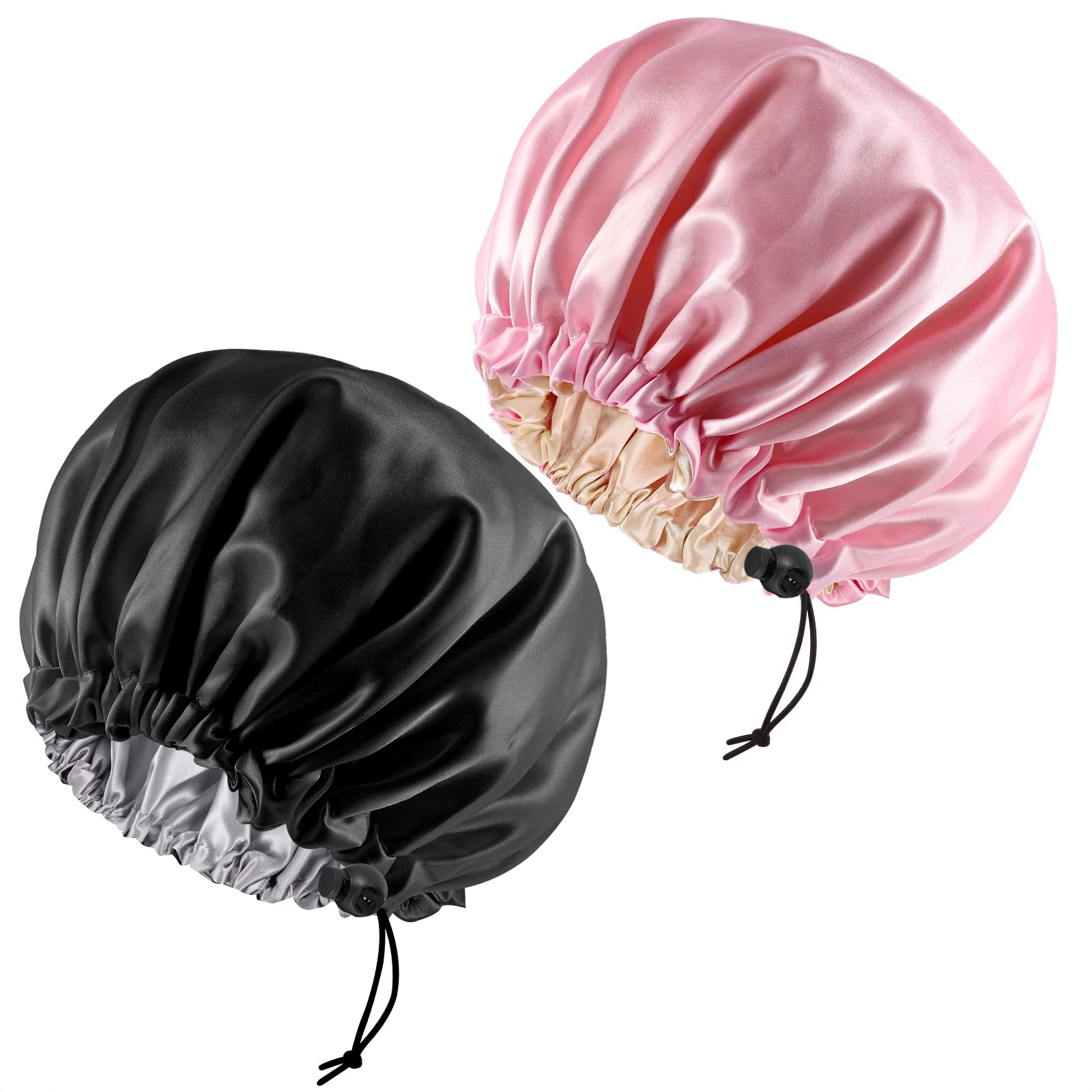 2 Pieces Adjustabl Bonnet, 36cm Double Sided Satin Sleep Caps Night Sleep Hat for All Hair Lengths Women Curly Natural Hair Head Cover(Black+Pink) — image 1
