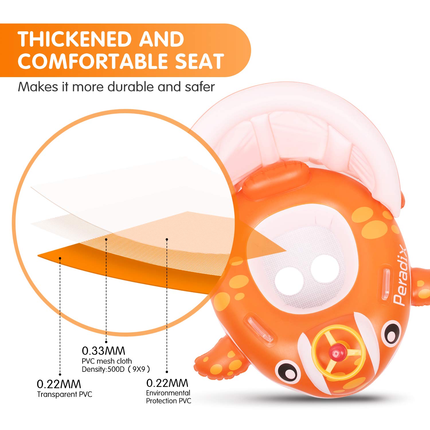 Peradix Flotadora para bebés 6meses-3 Años Barco Inflable Flotador con Sombrero para el Sol y Asiento Respaldo Techo Ajustable Juguetes de Desarrollo de Natación en Agua para Niños (Naranja)