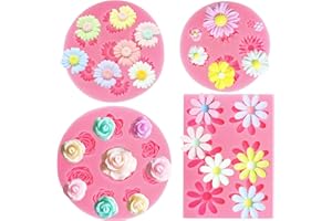 JJZXWISH 4Pcs Rose Flower Silicone Molds Daisy Chrysanthemum Silicone Molds Small Flower Shapes Fondant Cake Chocolate Molds Polymer Clay Resin Mold for Cake Decoration Candy Ice Cube Soap Wax Making DIY Craft