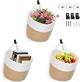 Fabric Wall Hanging Baskets 3 Pack - Woven Storage Organizers with Adhesive Hooks, Boho Style Wall Mounted Pouches for Home Kitchen Door (Large, White & Coffee)