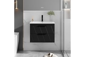 eclife 24" Bathroom Vanities Cabinet with Sink Combo, Wall Mounted Floating Cabinet W/Decor Line, Soft-Close System, 2 Extra Big Drawers, Matte Black Faucet, Black