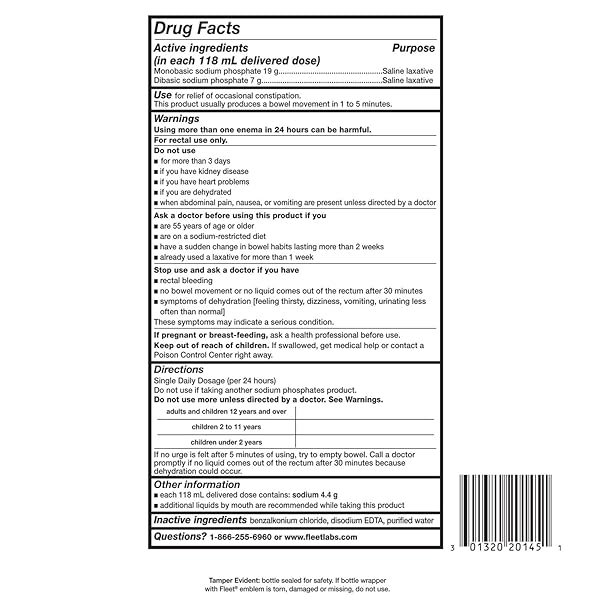 FLEET LAXATIVE SALINE ENEMAS FOR CONSTIPATION RELIEF FOR ADULTS, FAST AND EFFECTIVE, 4 BOTTLES PER PACK, 4.5 FL OZ EACH