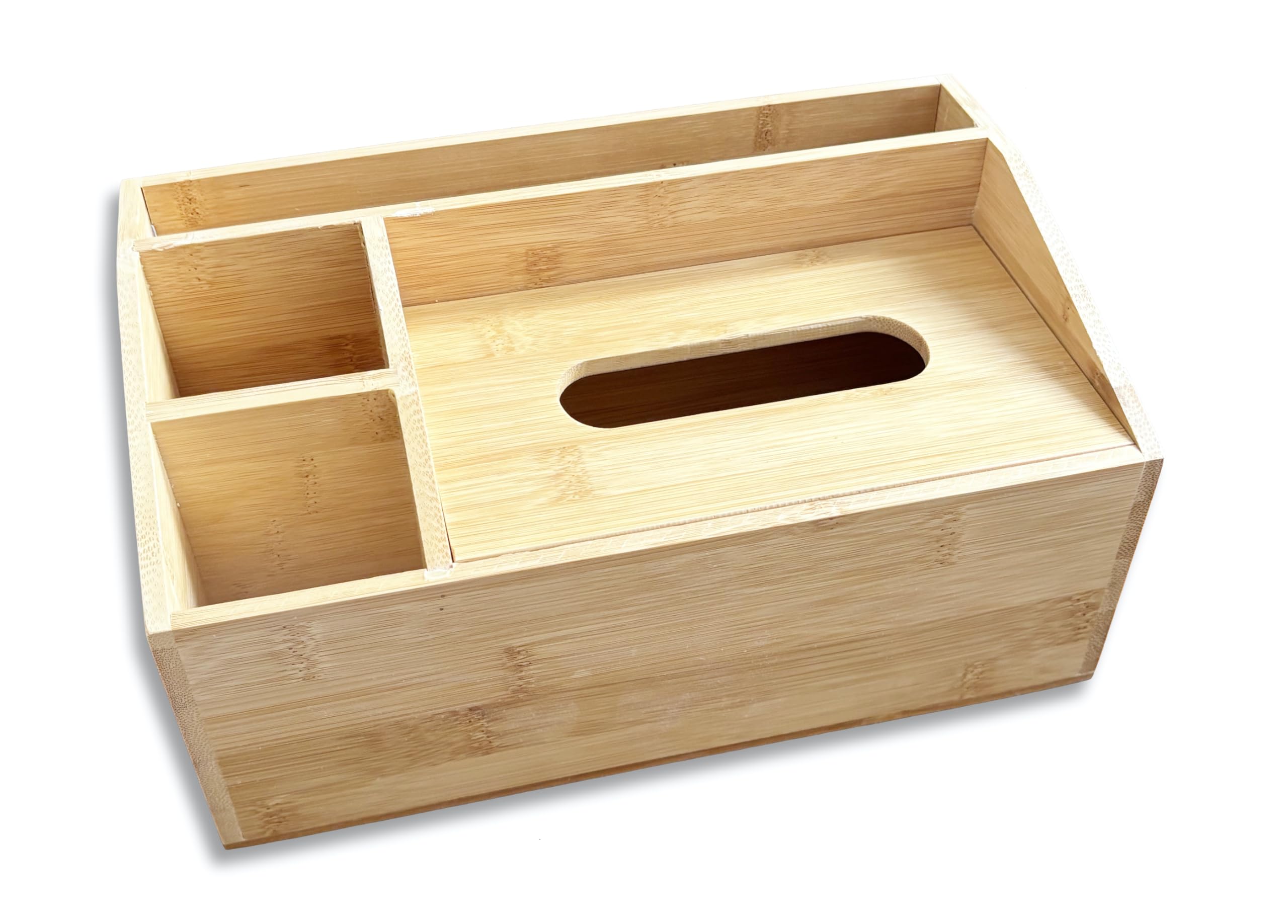 Natural Bamboo Wooden Multi-Function Tissue Box Holder - 4 Compartment Desk Organiser - Remote Control Holder Tissue Dispenser - Stationary Organiser and Condiment Caddy Organiser