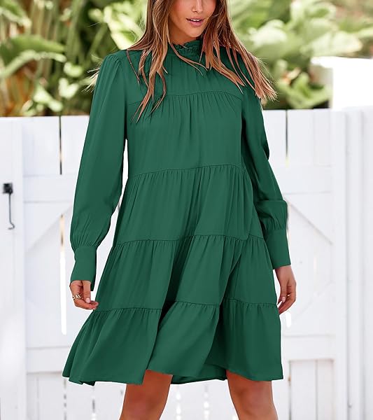 OKIWAM WOMEN’S CASUAL TIERED DRESS SOLID COLOR CREW NECK RUFFLE DRESS LONG SLEEVE MINI DRESS A LINE DRESSES