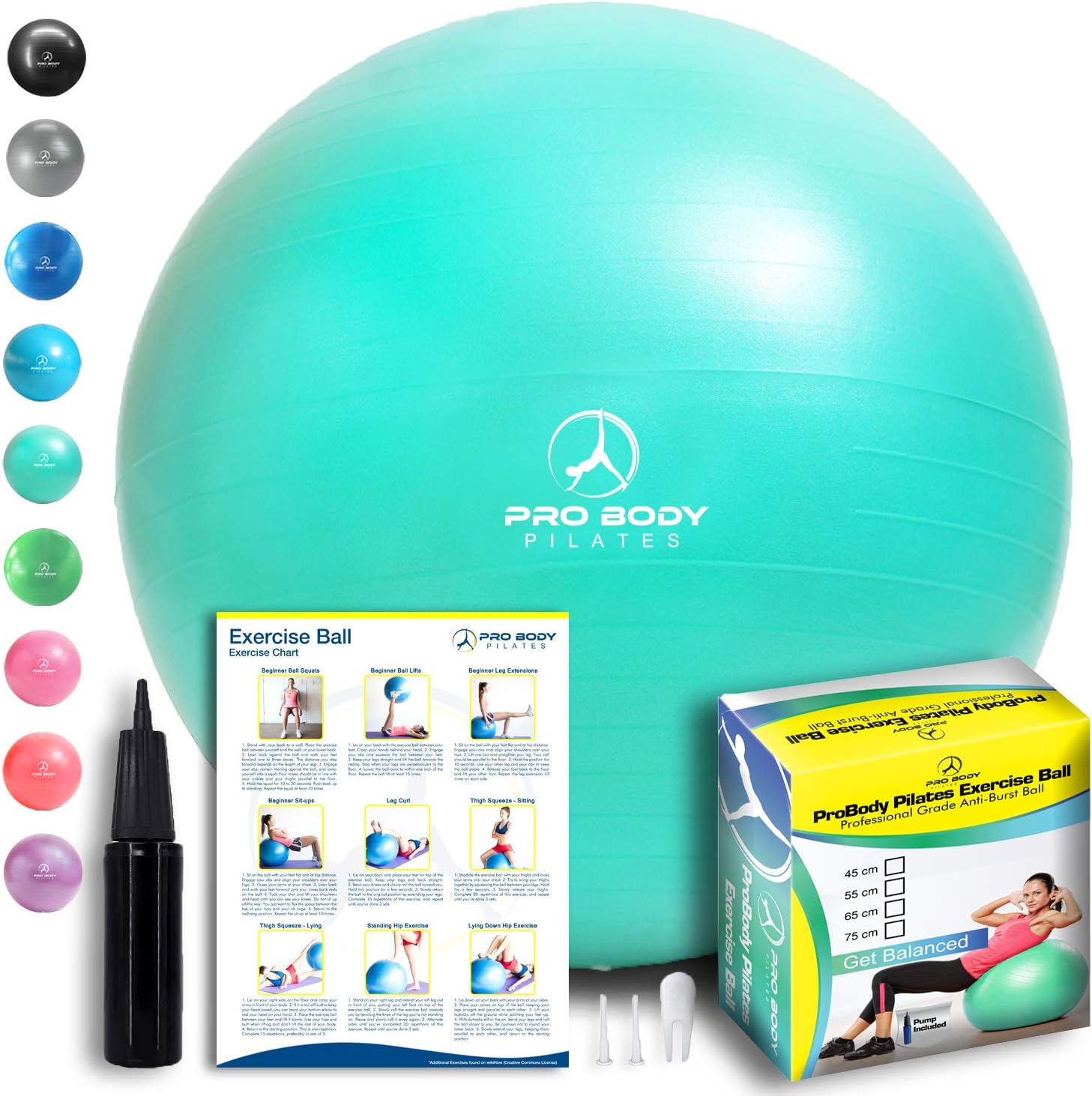 Exercise Ball - Professional Grade Anti-Burst Fitness, Balance Ball for Pilates, Yoga, Birthing, Stability Gym Workout Training and Physical Therapy