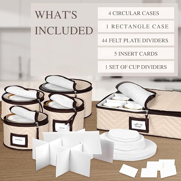 CHINA STORAGE CONTAINERS 5-PIECE SET MOVING BOXES FOR DINNERWARE, GLASSES, PLATES, MUGS AND SAUCERS STURDY QUILTED MICROFIBER DISH ORGANIZER WITH DIVIDERS FOR SEASONAL STORAGE – HOLDS SET OF 12