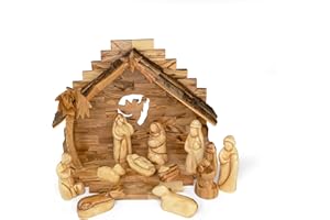 TREE OF LIFE REV. 22:14 Olive Wood Nativity Set from Bethlehem - Intricately Hand Carved Wooden Nativity Set from the Holy Land with Large Bark Roof Stable, Manger & Figurines - Wood Nativity Scene Indoor Use for Christmas