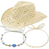 Straw Cowboy Hat for Women, Western Beach Coastal Cowgirl Hat with 2 Replacement Hat Bands, Shapeable Brim Beige