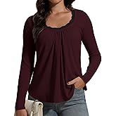 Susclude Lace Long Sleeve Shirts for Women V Neck T Shirt Casual Fall Comfy Pleated Basic Trendy Womens Tunic Tops 2025
