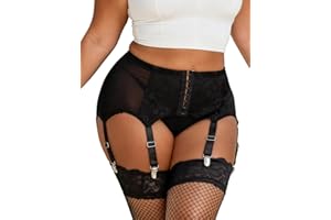 ohyeah High-Waisted Garter Belt Plus Size- Lace Mesh Suspenders Belt with 6 Metal Clip for Thigh Highs Garter Stockings