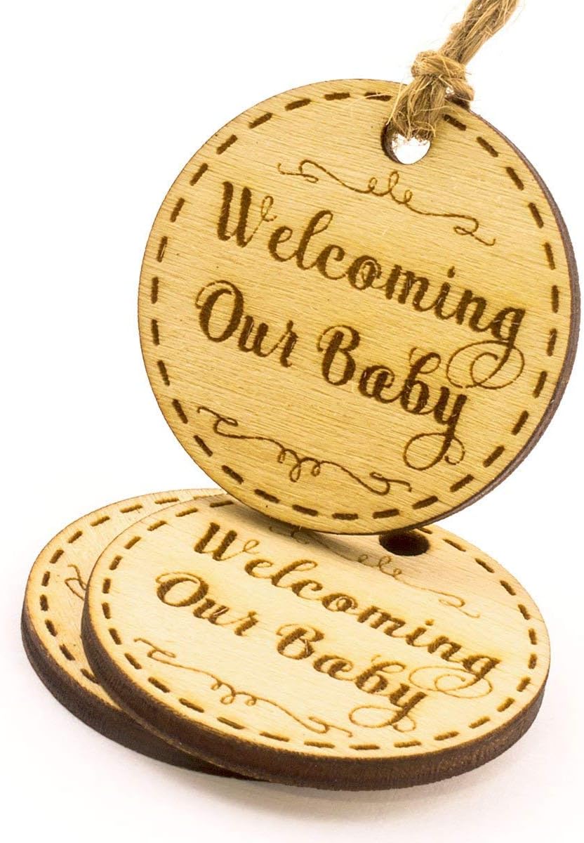 Summer-Ray 50 Wooden Round Welcoming Our Baby Engraved Favour Tags Baby Shower Party - Image 4