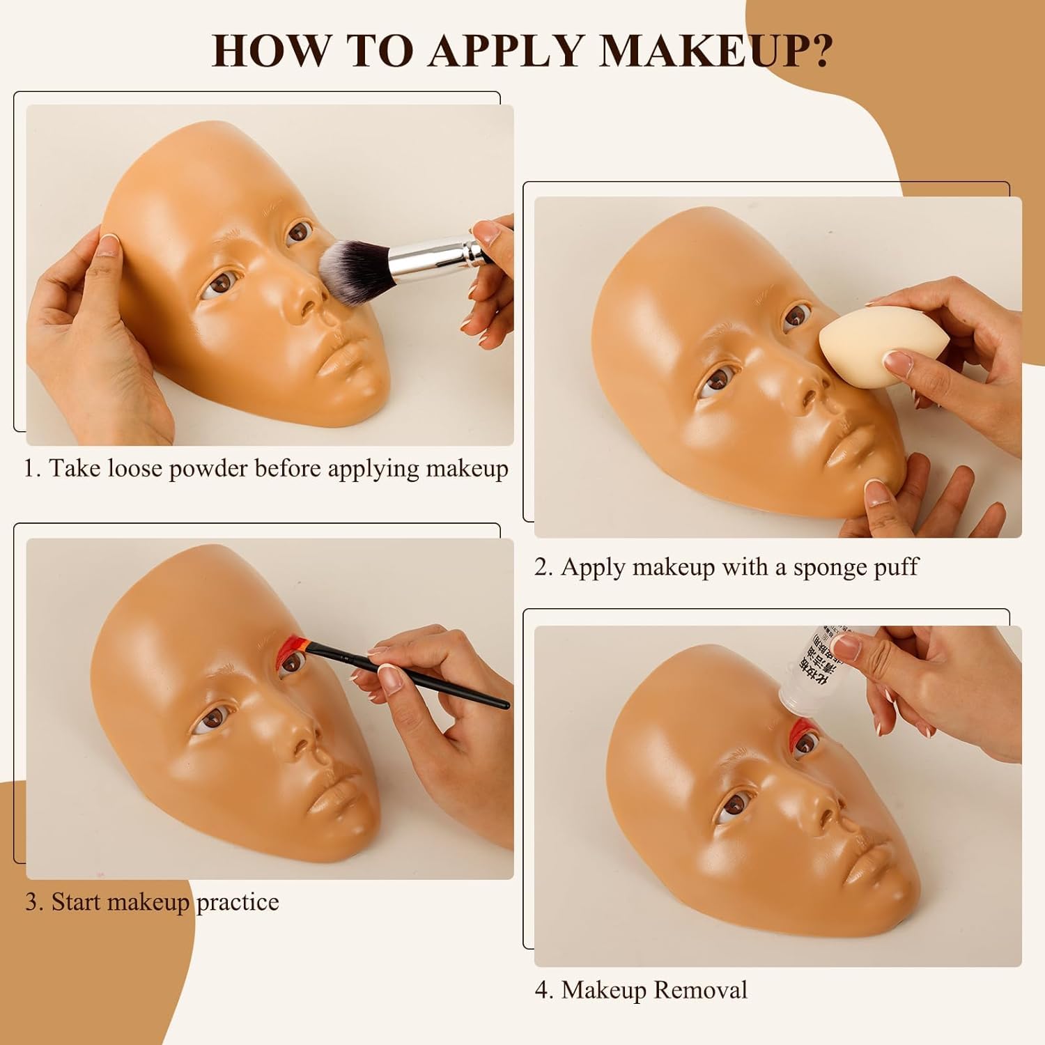 Makeup Practice Board, Face Painting Mannequin Head with Stand, 5D Reusable Silicone Face Practice Board for Makeup Artists & Beginners, Brown