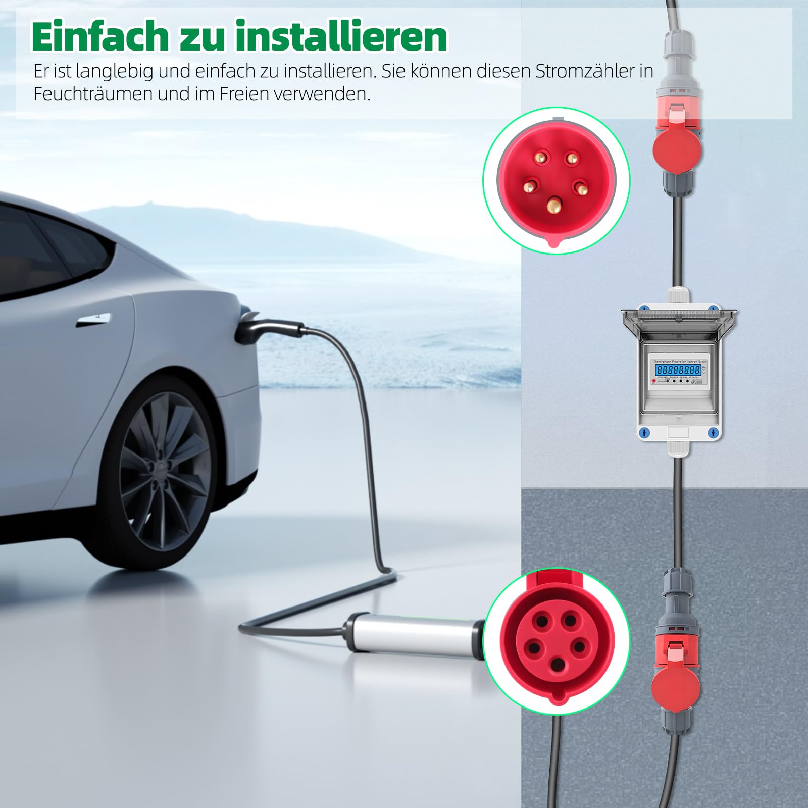 3 Phasen Mobiler Stromzähler, 16A 400V Mobiler Digitaler Stromzähler Mit CEE Stecker und Kupplung, Mobiler Digitalzähler Mit Mit Rückstellfunktion, 2m Kabel, IP68 Steckdosenadapter Zähler 7