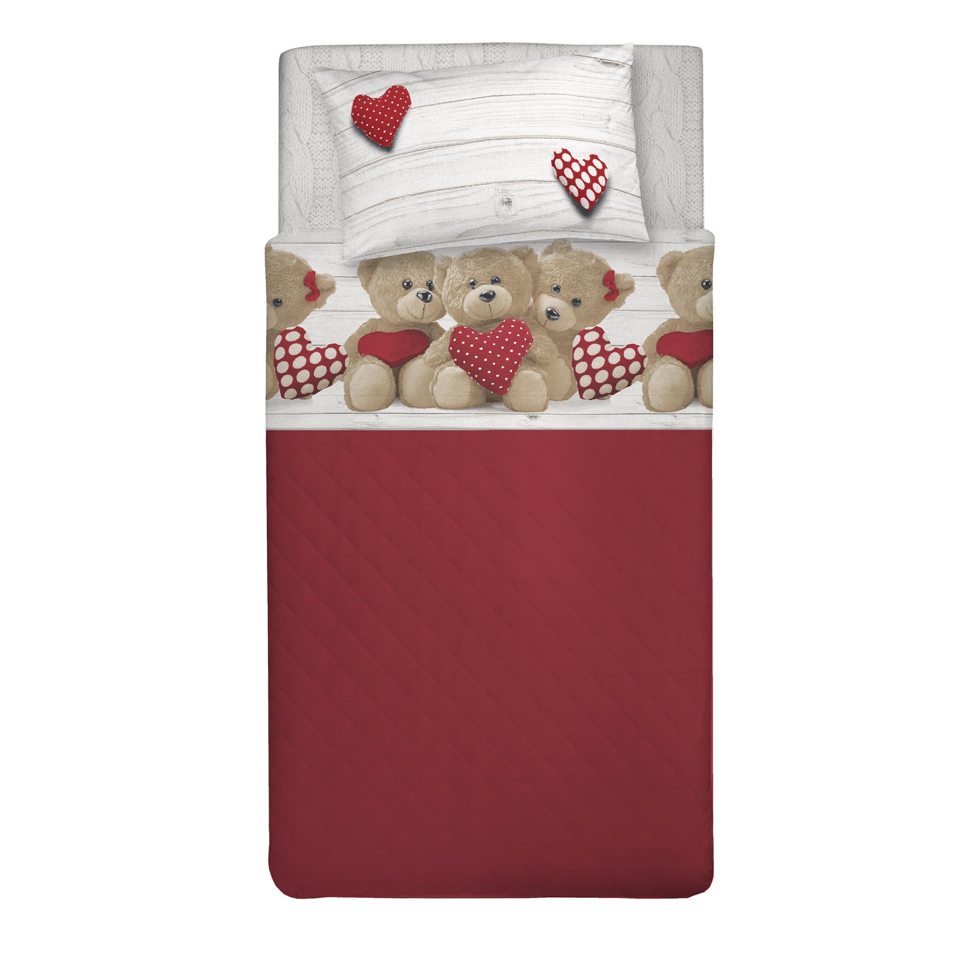 PENSIERI DELICATI Single Bed Set, 100% Cotton, Single Bed Sheet Set, 90 x 200 cm, Including Bottom Sheet, Top Sheet and 1 Pillow Case, Made in Italy, Red Bears Design