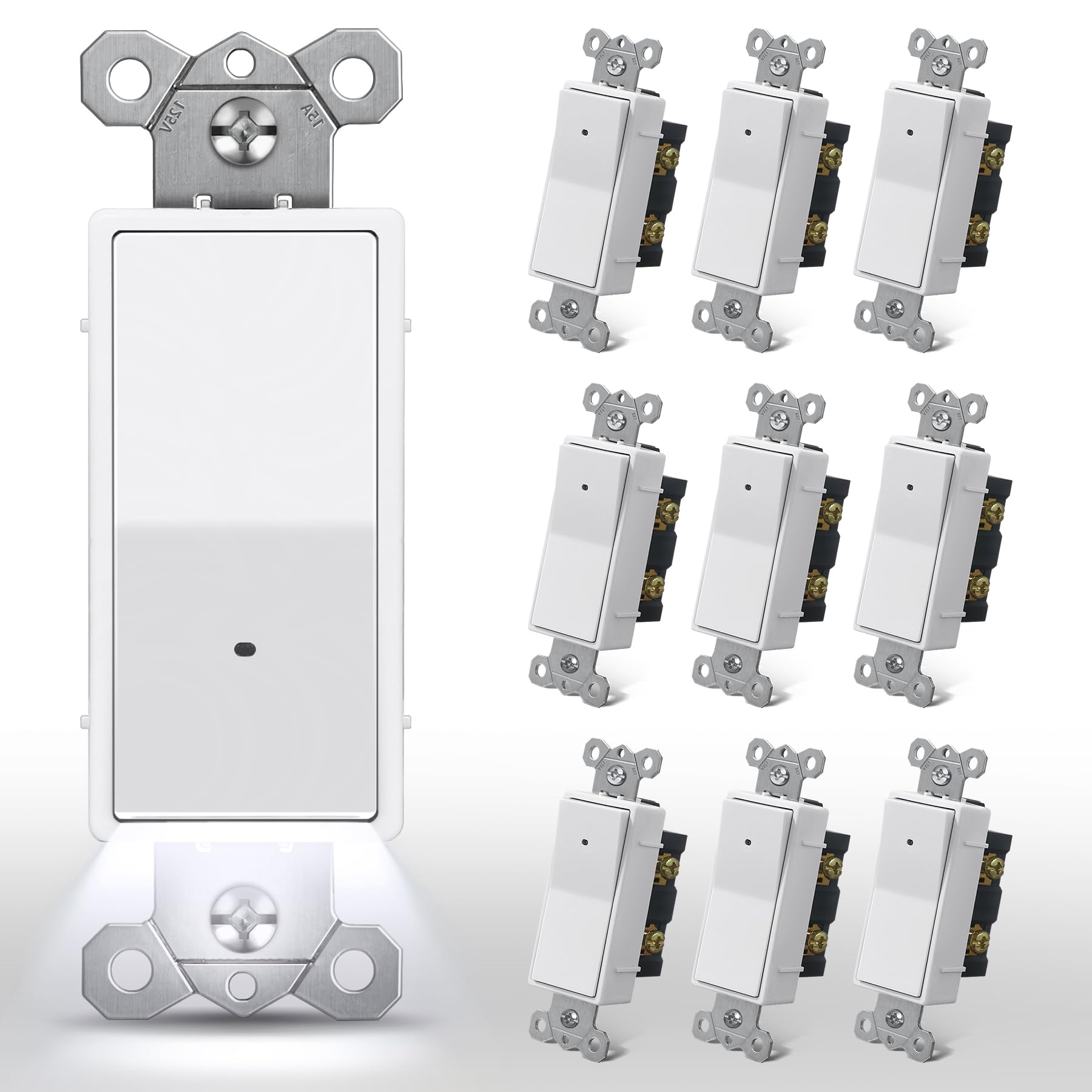 Photo 1 of CML 10 Pack Single Pole Illuminated Light Switch with Cool White LED Nightlight, Decorator Paddle Rocker Wall Lighted Switch, Automatic On/Off Sensor, 15A 120V, ETL Listed, White