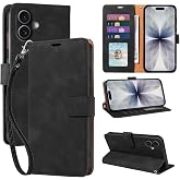 JHWVVTF RFID Blocking for iPhone 17 Wallet Case 6.3", Card Holder (Black) | 4 Card Slots, Wrist Strap, Soft PU Leather, Shockproof Protective, Stand, Flip Cases, Magnetic Closure, Folio Cover