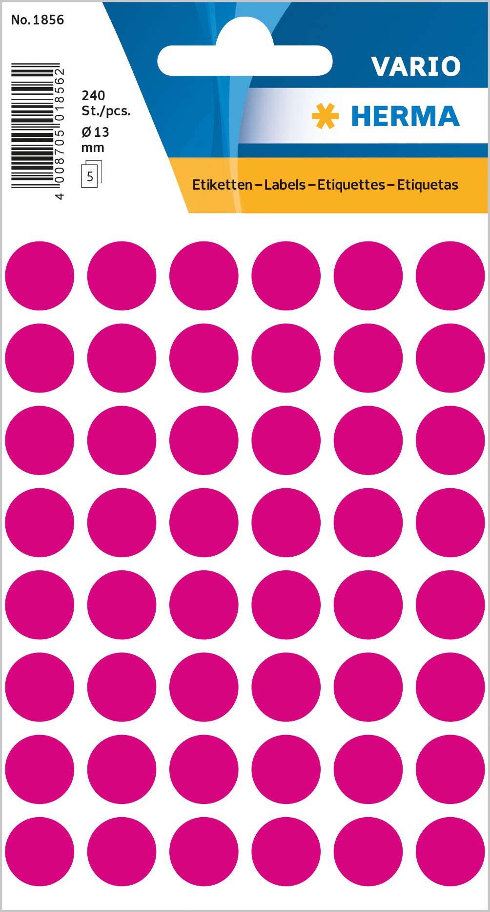HERMA Dot Stickers Pink, 240 Labels, Ø 13 mm, 48 Labels per Sheet, Self Adhesive Round Colour Labels Stickers, Blank Marking Dots, Sticky Circle Stickers for Color Coding Calendar
