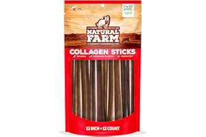 Natural Farm Odor-Free Collagen Chews, (12-Inch, 12-Pack), Long Lasting Bully Sticks & Rawhide Alternative Dog Treats, 95% Collagen, High Protein Best Dental Dog Treats – Medium & Large Dogs