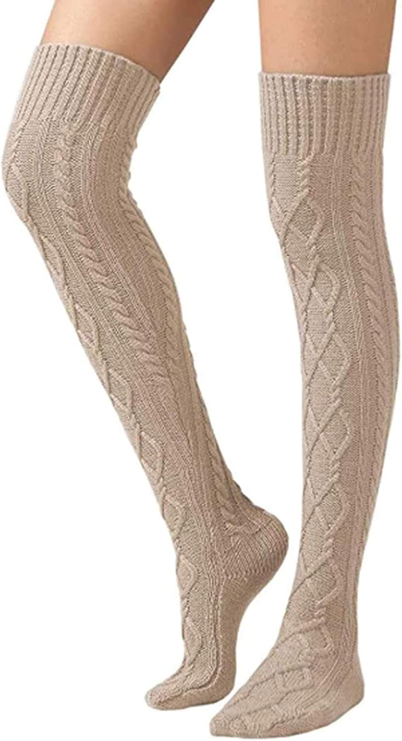 Women Cable Knit Thigh High Tights Over Knee Socks Winter