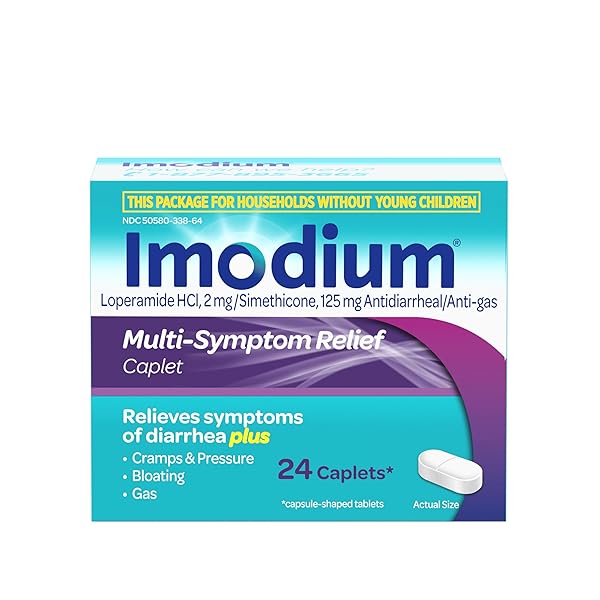 IMODIUM MULTI-SYMPTOM RELIEF CAPLETS WITH LOPERAMIDE HYDROCHLORIDE & SIMETHICONE, ANTI-DIARRHEAL MEDICINE FOR TREATMENT OF DIARRHEA, GAS, BLOATING, CRAMPS & PRESSURE, TRAVELER’S DIARRHEA, 24 CT