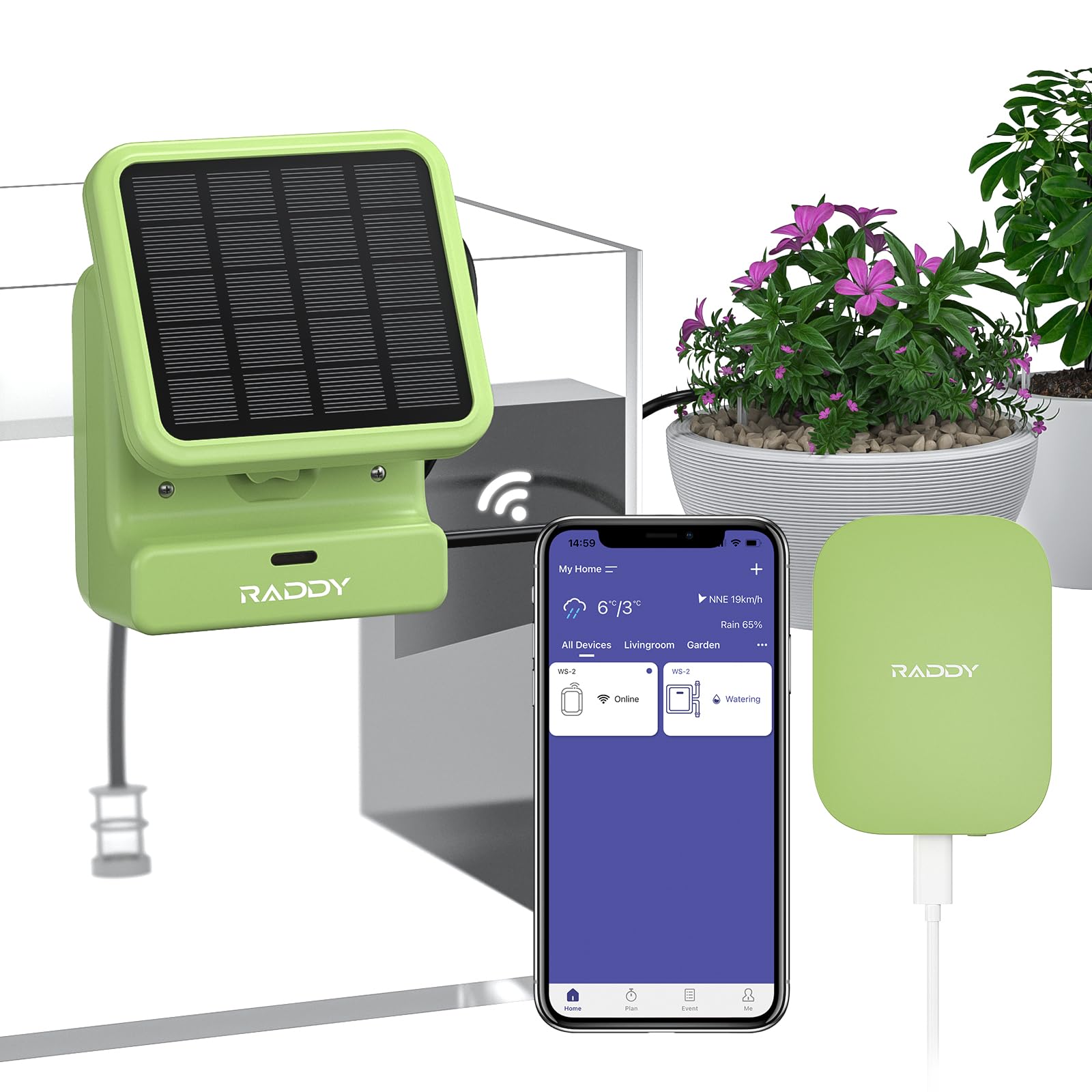Photo 1 of Raddy WS-2 Wi-Fi Automatic Watering System, Solar Drip Irrigation System, APP Control with Flexible Mini Hub, Water Shortage Alert, 2600mAh Built-in Battery, Easy DIY for Potted Plants, Balcony