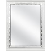 MCS 23x29 Large Wall Mirror, White Woodgrained Frame with Silver Embossed Detail & Beveled Detail Mirror, Vertical & Horizont