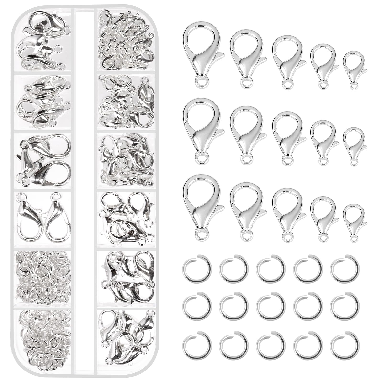 Tanstic 170Pcs Silver Lobster Claw Clasps with Open Jump Rings Kit, 10mm, 12mm, 14mm, 16mm, 18mm Alloy Small Jewelry Clasps Lobster Clasps and 6mm Jump Rings for DIY Jewelry Making
