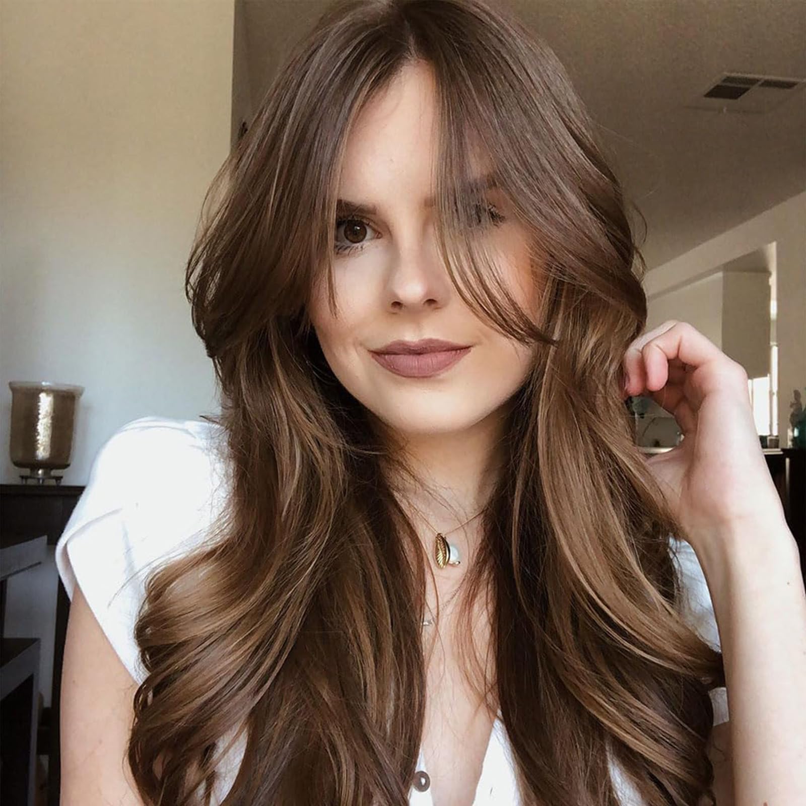 FASHION IDOL Lace Front Brown Synthetic Wig Pre-Plucked Highlight Glueless 28 Inch Straight Hair Wear and Go Curtain Bangs in the Split Lace Hair Stitching Layered Color Wig