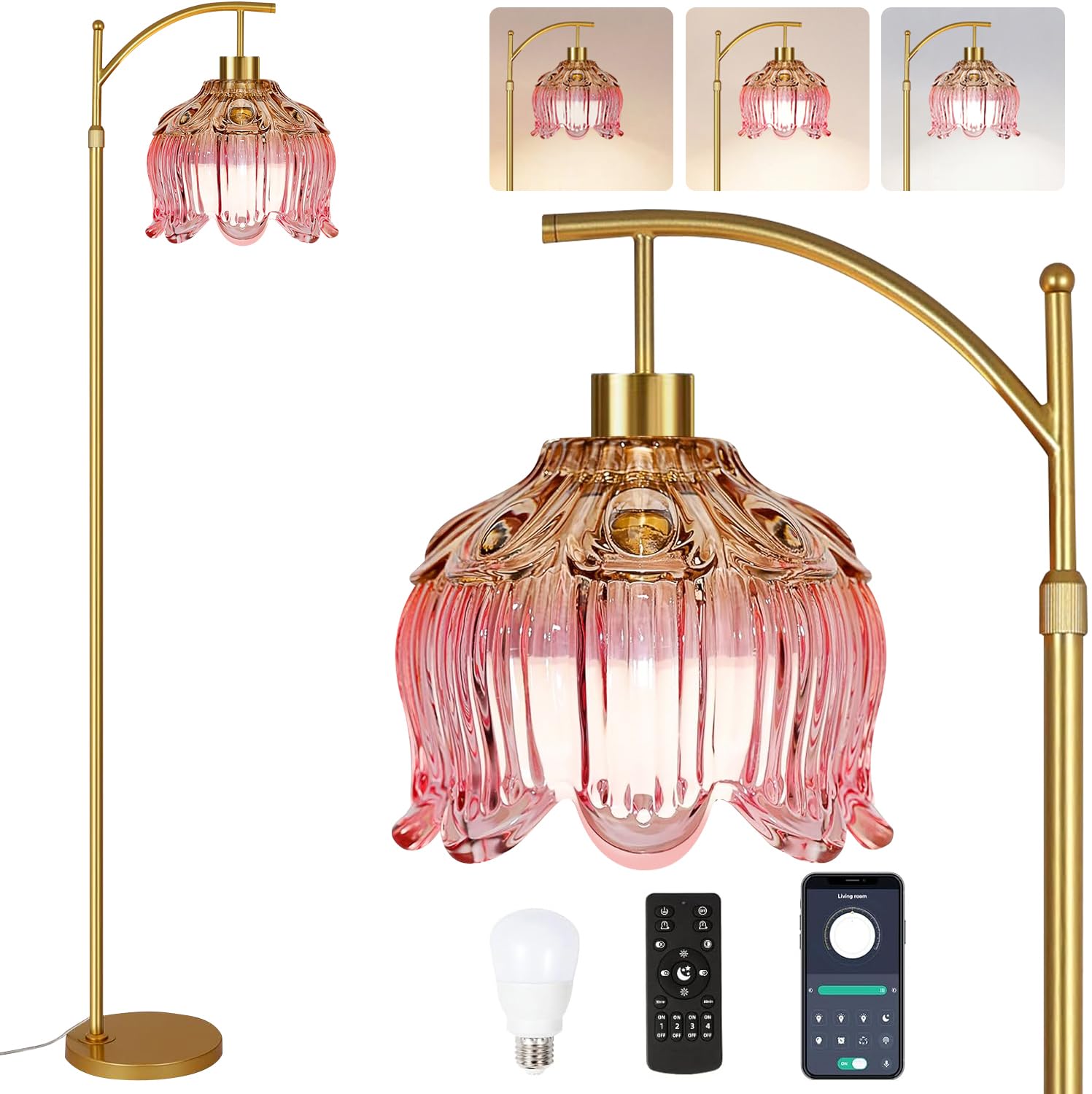 Photo 1 of ILLMTW Pink Floor Lamp for Living Room,Bedroom,Glass Mid Century Modern Standing Lamp with Remote,Dimmable Gold Brass Tall Lamp Tulip Flower Arc Floor Light Boho Bohemian