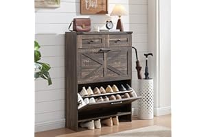 Barnyatoh Shoe Cabinet Storage for Entryway, Farmhouse Hidden Shoe Organizer with 2 Flip Drawers & 2 Drawers,Narrow Shoe Rack for Front Door Entrance with Adjustable Shelves (Dark Oak)