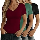 Huukeay 3 Pack Women's Deep V Neck Shirts Short Sleeve Slim Fitted Tops Basic Casual Tee Summer Going Out Tight T-Shirts