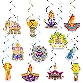 KYMY Happy Diwali Banner Hanging Swirls Kit, Festival of Lights Ceiling Streamers with Diyas & Castle Cutouts, Deepavali Rangoli Hanging Decorations for Indian Hindu Themed Party Favors (Yellow)