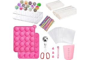 YIICUZP 606Pcs Cake Pop Kit,Silicone Lollipop Molds Including Lollipop Sticks,Measuring Cup,Treat Bags,Twist Ties,Decorating Pen,Meat Baller with Handles,Round Mold,Lollipop, Candy,Display Stand Holder(Pink)
