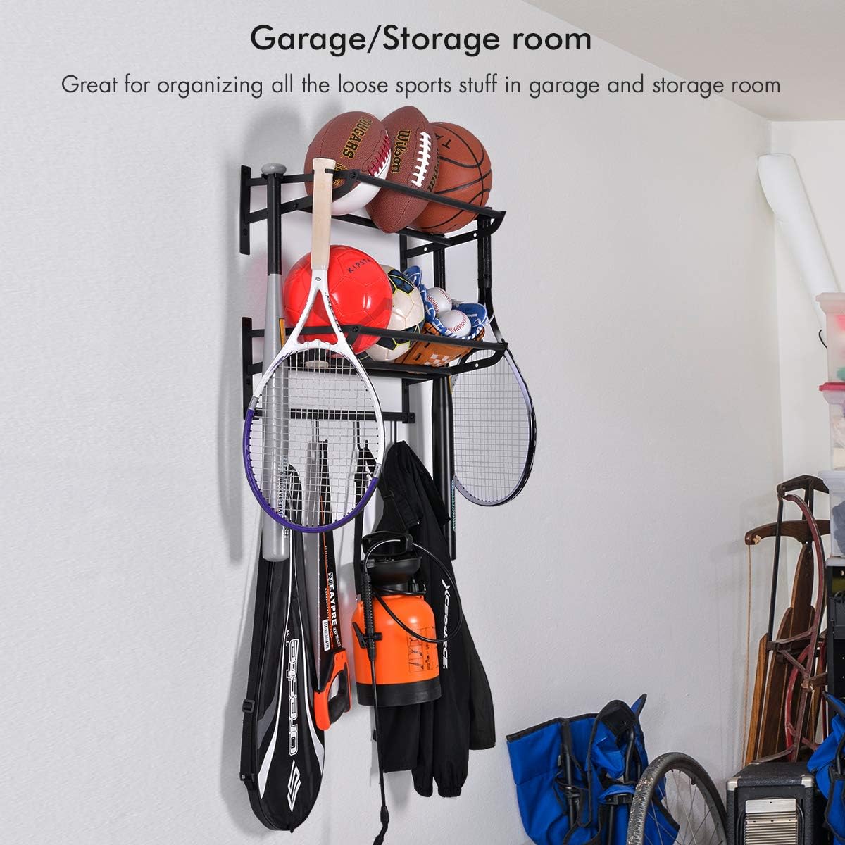 Sunix Sports Equipment Storage, Ball Storage Rack Basketball Holder Wall Mount Shelf with Hooks, 2 Racks, Black: Sports & Outdoors