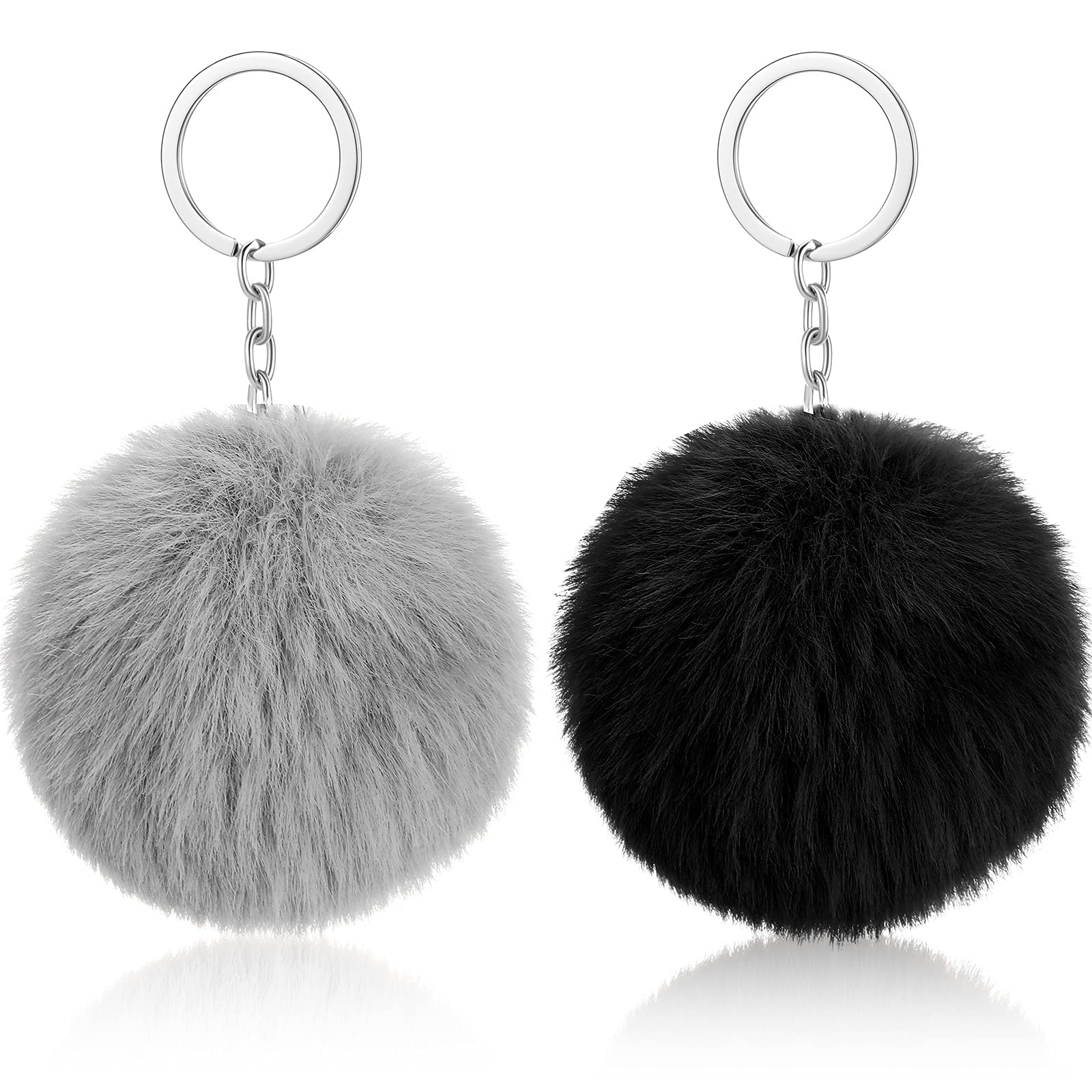 Hicarer 2 Pieces Pom Poms Keychains Fluffy Faux Pompoms Keyring Soft Plush Key Ring Ornament Pendant Accessory for Ladies Women(Grey, Black)
