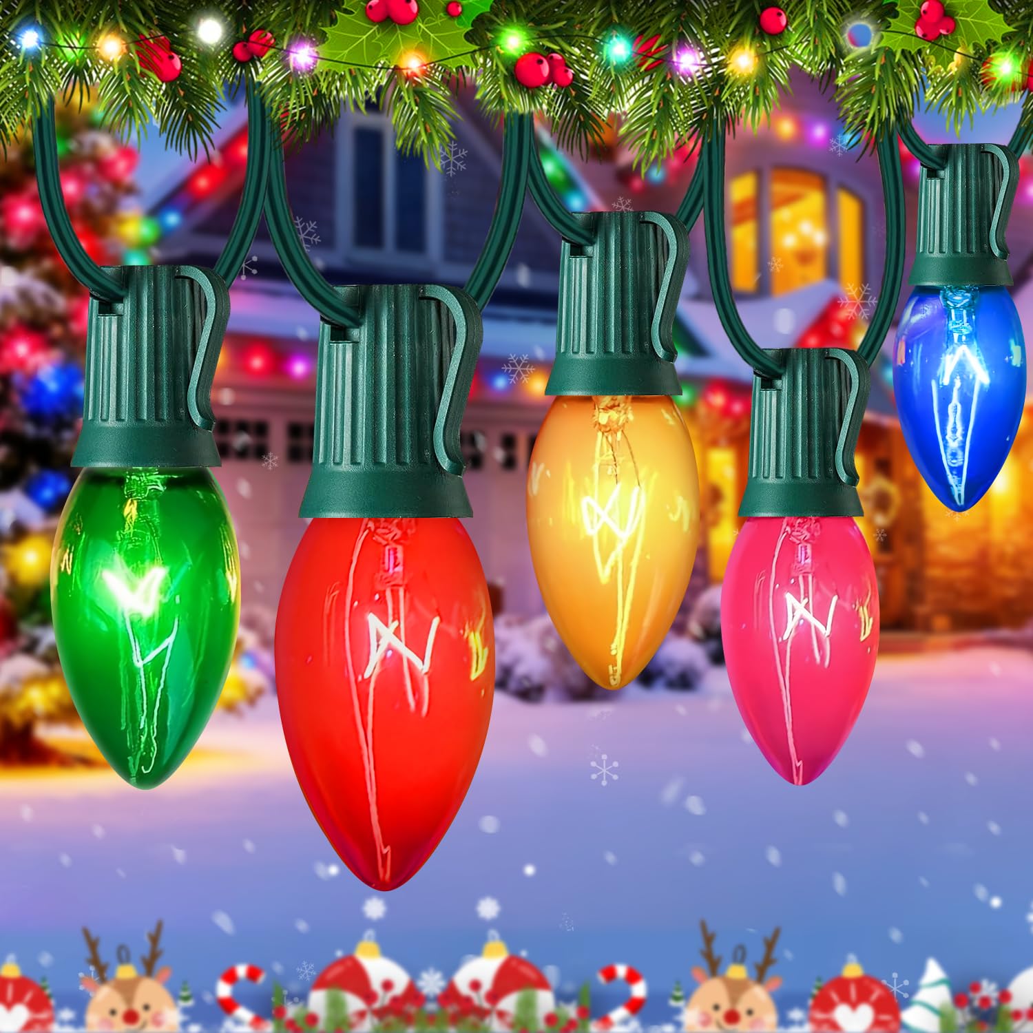 Photo 1 of 25Ft Multicolor Christmas Lights,C9 Christmas Lights Outdoor with 26 Clear Glass Colorful Bulbs (1 Spare), Hanging Vintage Christmas Lights String for Christmas Tree Garden Party Decor, Green Wire