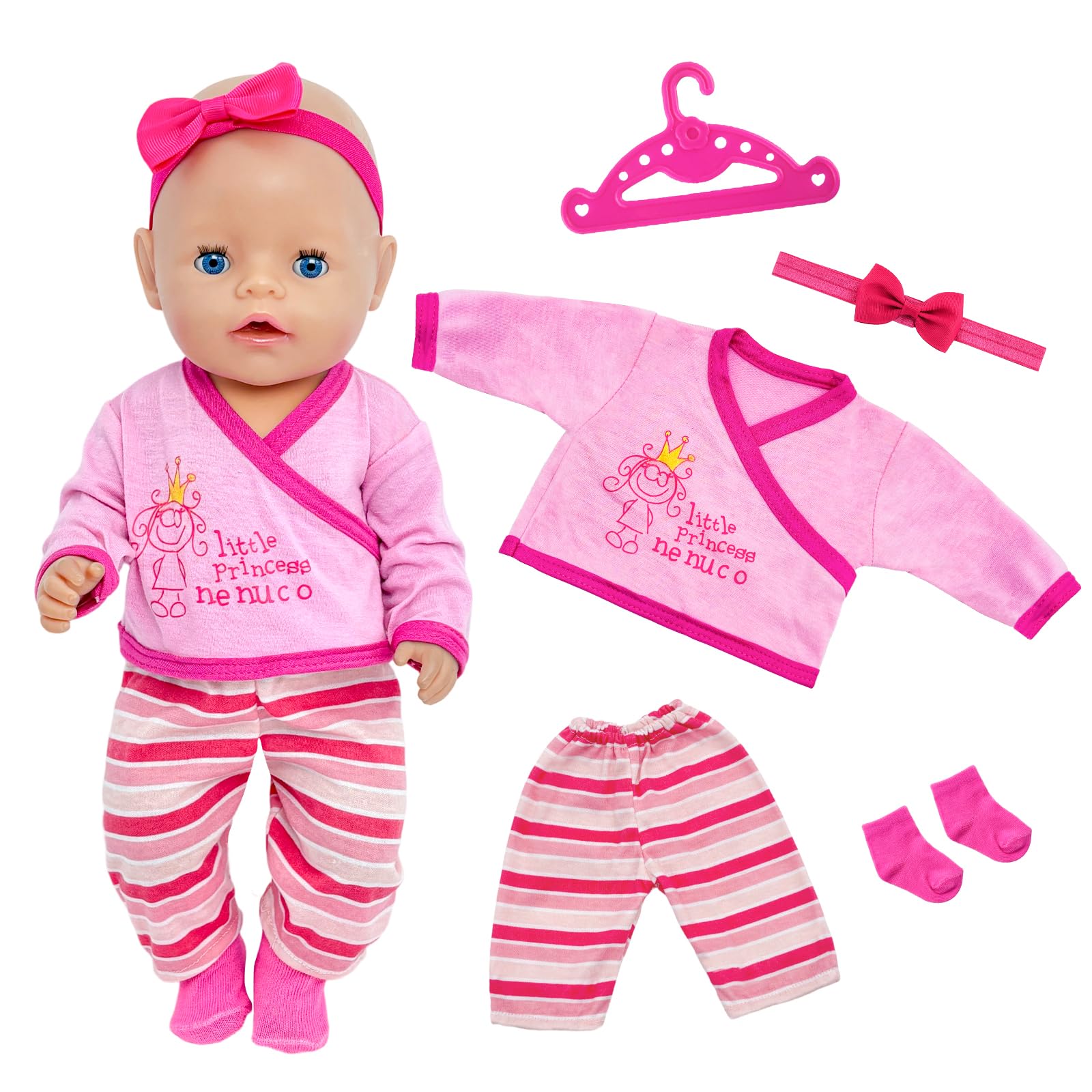 5 Pcs Baby Doll Clothes for 14-18 Inch Doll, Sweet Doll Outfits with Cartoon Top Pants headband Hange Socks, 43cm Pink Dolls Clothes Compatible with New Born Baby 35-45cm Birthday Gifts(No Doll