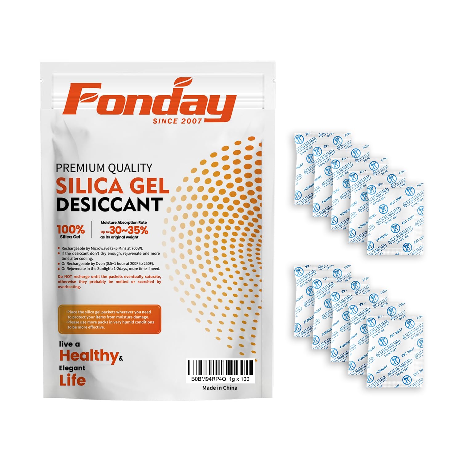 View 1 of 1 Gram 100 Packets Fonday Food Grade Silica Gel Desiccants Packs Moisture Absorbers Dehumidifier