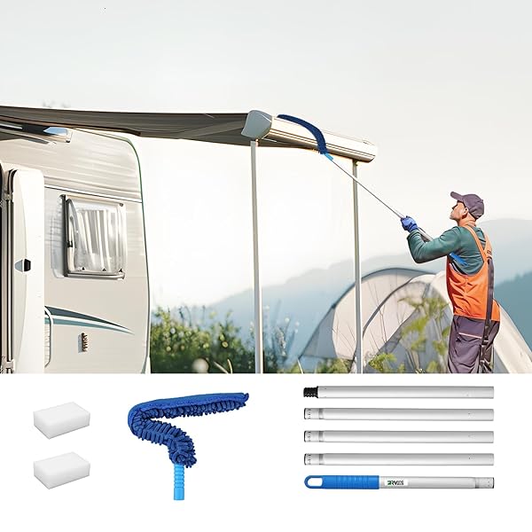RVINGPRO RV AWNING CLEANER, BENDABLE MOP-HEAD, HYPER-ABSORBENT PAD, EXTENDABLE POLE, NON-SLIP HANDLE, WITH 2 MAGIC ERASERS FOR RVS, CAMPERS, TRAILERS, TRUCKS