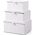 Honygebia Bamboo Decorative Storage Boxes - Set of 3 Woven Lined Storage Basket with Lids, White Wicker Lidded Baskets for Home Kitchen Shelf Organizer Decor