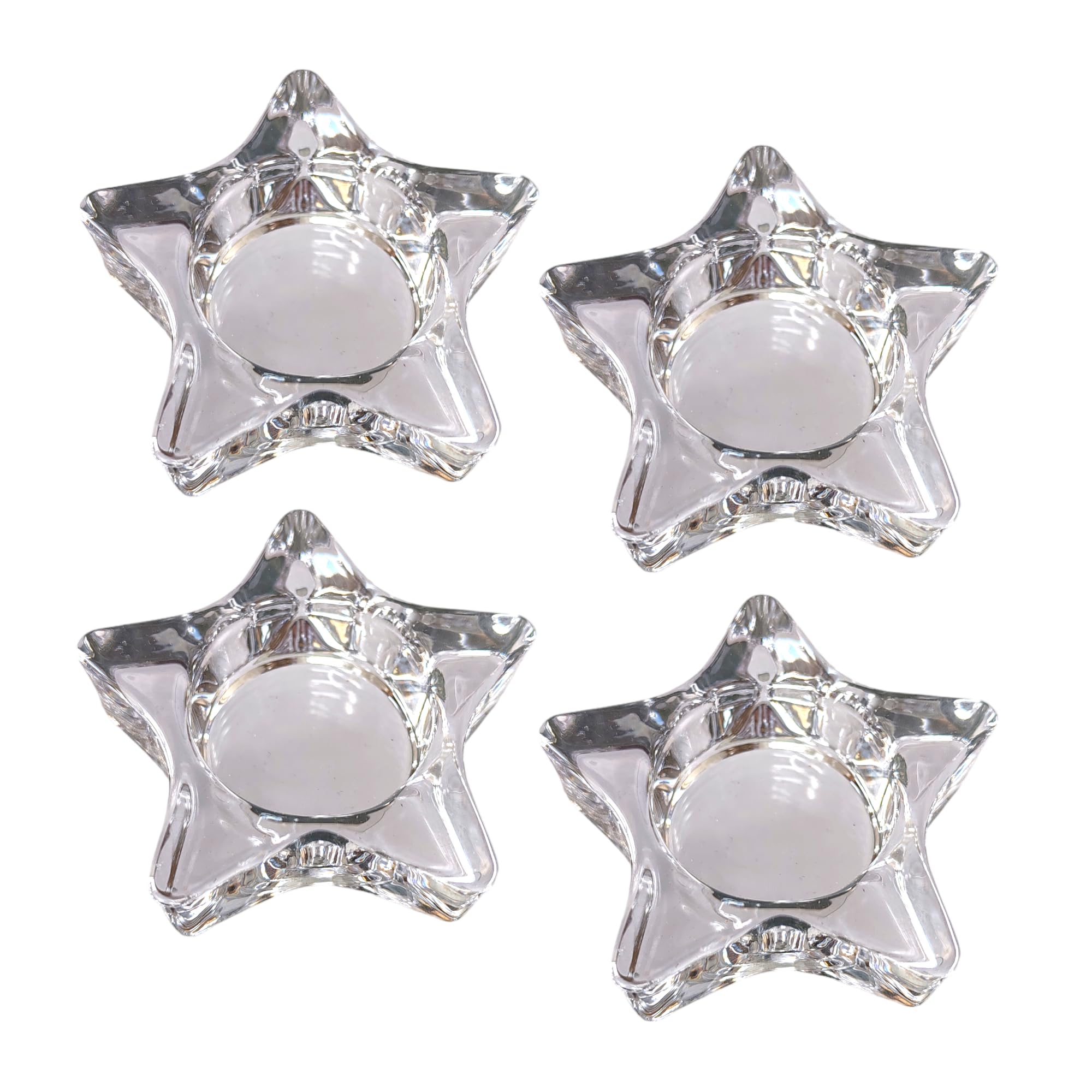 Set of 4 Clear Glass Tea Light Holders, Various Shapes, Suitable for 4cm Diametre Tealights Candles (Star)